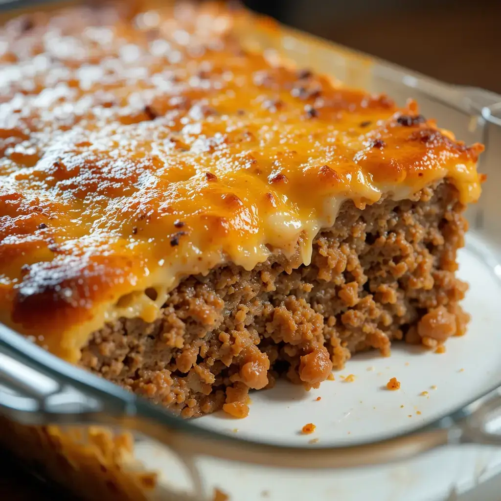 A freshly baked meatloaf casserole in a glass baking dish, featuring a golden, bubbly cheese topping and a layer of seasoned ground beef. The focus keyword brings out the rich and comforting flavors of this classic dish.