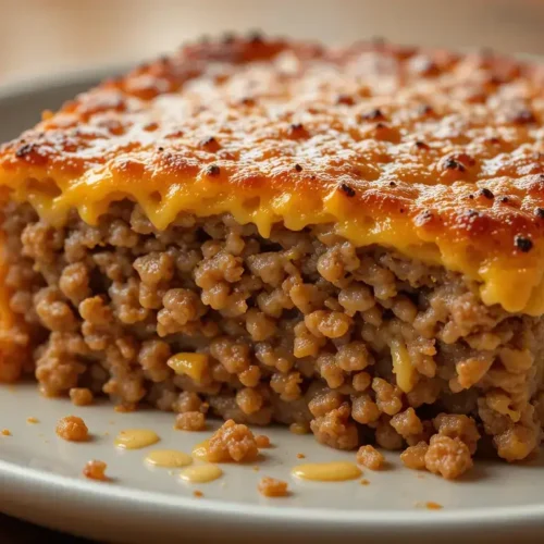 A perfectly baked meatloaf casserole slice with a crispy, golden cheese crust and juicy, seasoned ground beef layers. The focus keyword enhances the rich, comforting appeal of this delicious homemade dish.