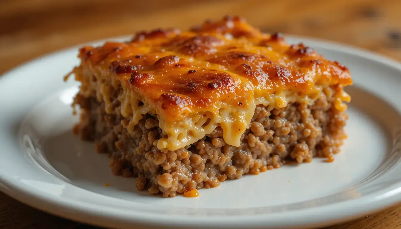 A delicious meatloaf casserole with a crispy, golden cheese topping and layers of pasta and seasoned ground beef, served on a white plate. The focus keyword is perfectly represented in this comforting homemade dish.