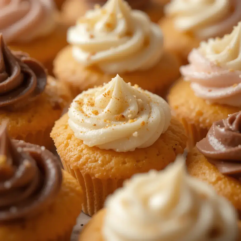 A close-up of beautifully frosted mini cupcakes, featuring vanilla, chocolate, and pink buttercream toppings with a dusting of crumbled biscuit.