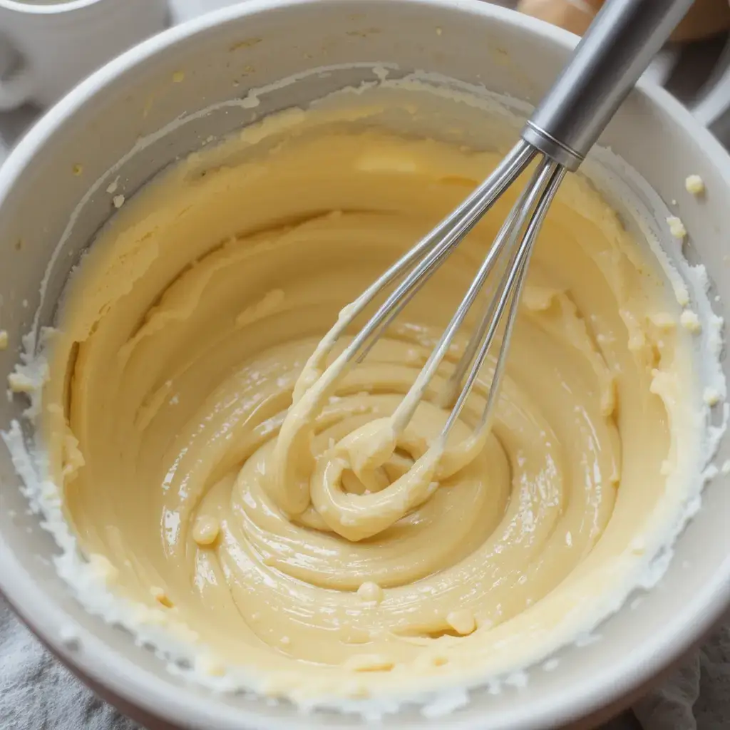 A bowl of smooth, creamy batter being mixed with a whisk, perfect for baking mini cupcakes.