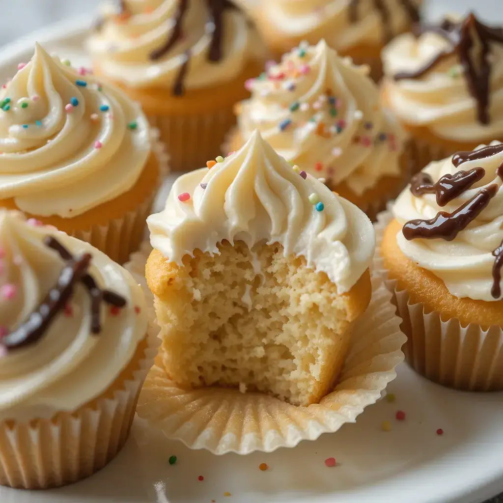 A plate of freshly baked mini cupcakes with creamy vanilla frosting, colorful sprinkles, and chocolate drizzle, featuring one with a bite taken out.