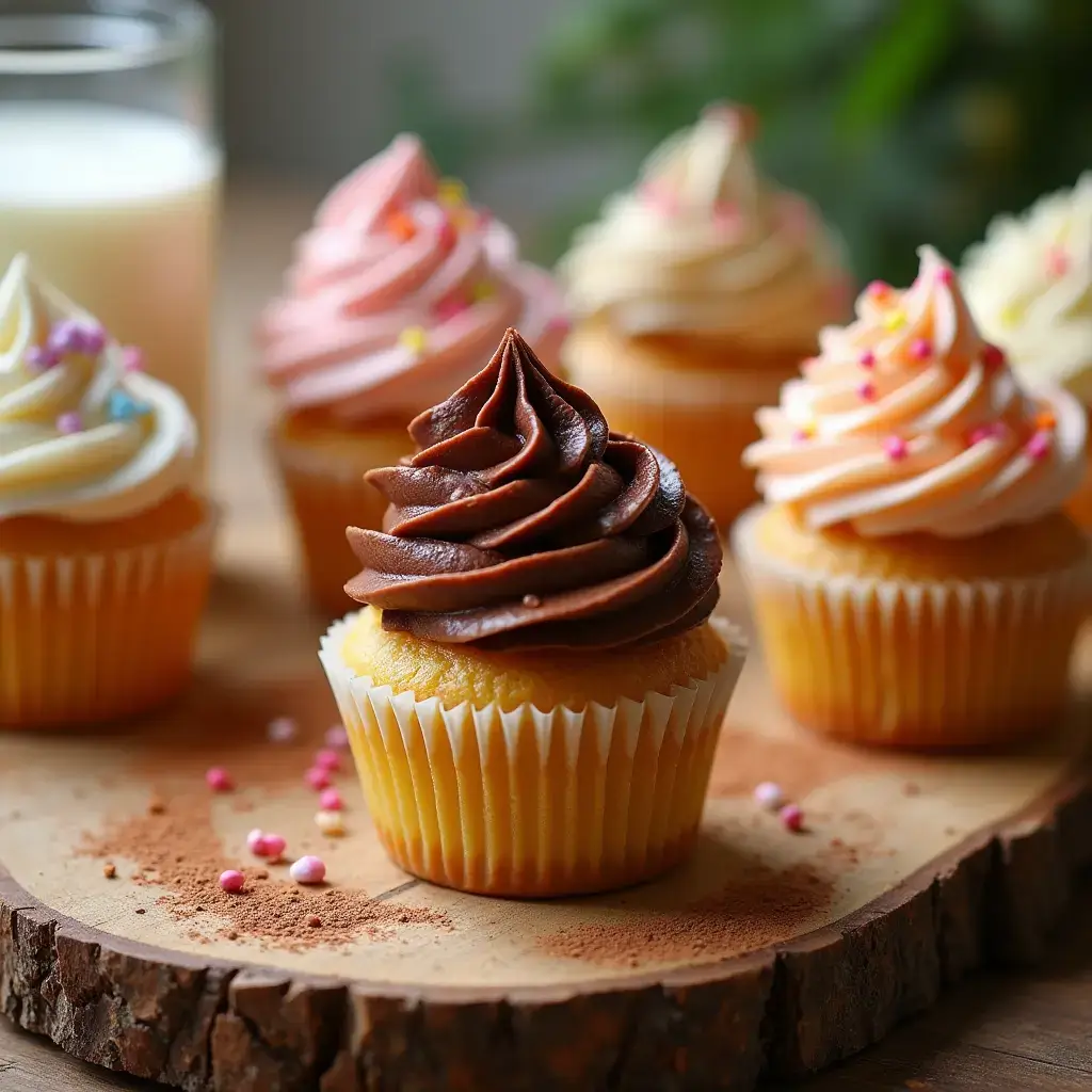 A selection of beautifully decorated mini cupcakes with chocolate, vanilla, and pink frosting, arranged on a rustic wooden board with a glass of milk in the background.