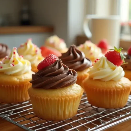 A batch of freshly baked mini cupcakes with vanilla, chocolate, and pink frosting, topped with fresh strawberries and raspberries, cooling on a wire rack in a cozy kitchen.