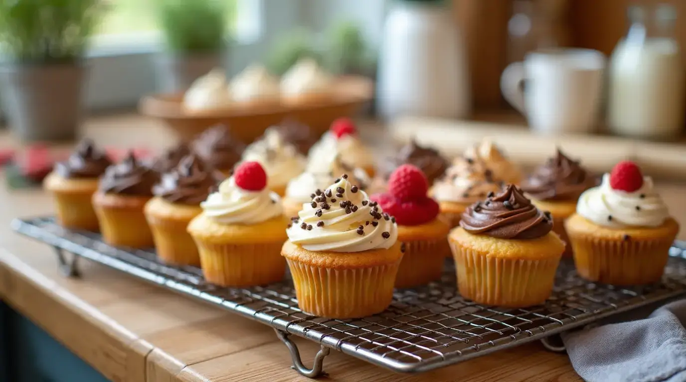 A tray of beautifully decorated mini cupcakes with vanilla and chocolate frosting, topped with raspberries and chocolate sprinkles, set on a wooden kitchen counter.