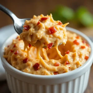 A gooey and creamy old fashioned pimento cheese recipe being lifted with a spoon, showcasing melted cheese and diced pimentos in a white ramekin.