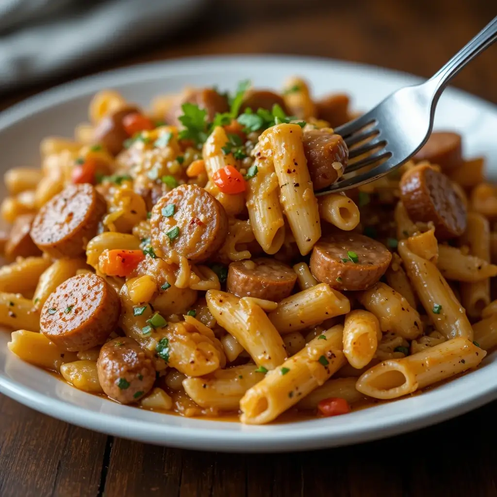 A hearty pastalaya recipe with penne pasta, smoked sausage, and a flavorful Cajun-style sauce, garnished with fresh herbs and diced vegetables, served on a white plate with a forkful of pasta.