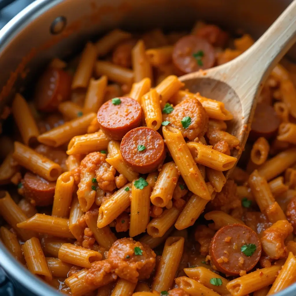 A rich and savory pastalaya recipe with penne pasta, smoked sausage, and a flavorful Cajun-inspired sauce, served fresh from a pot with a wooden spoon.