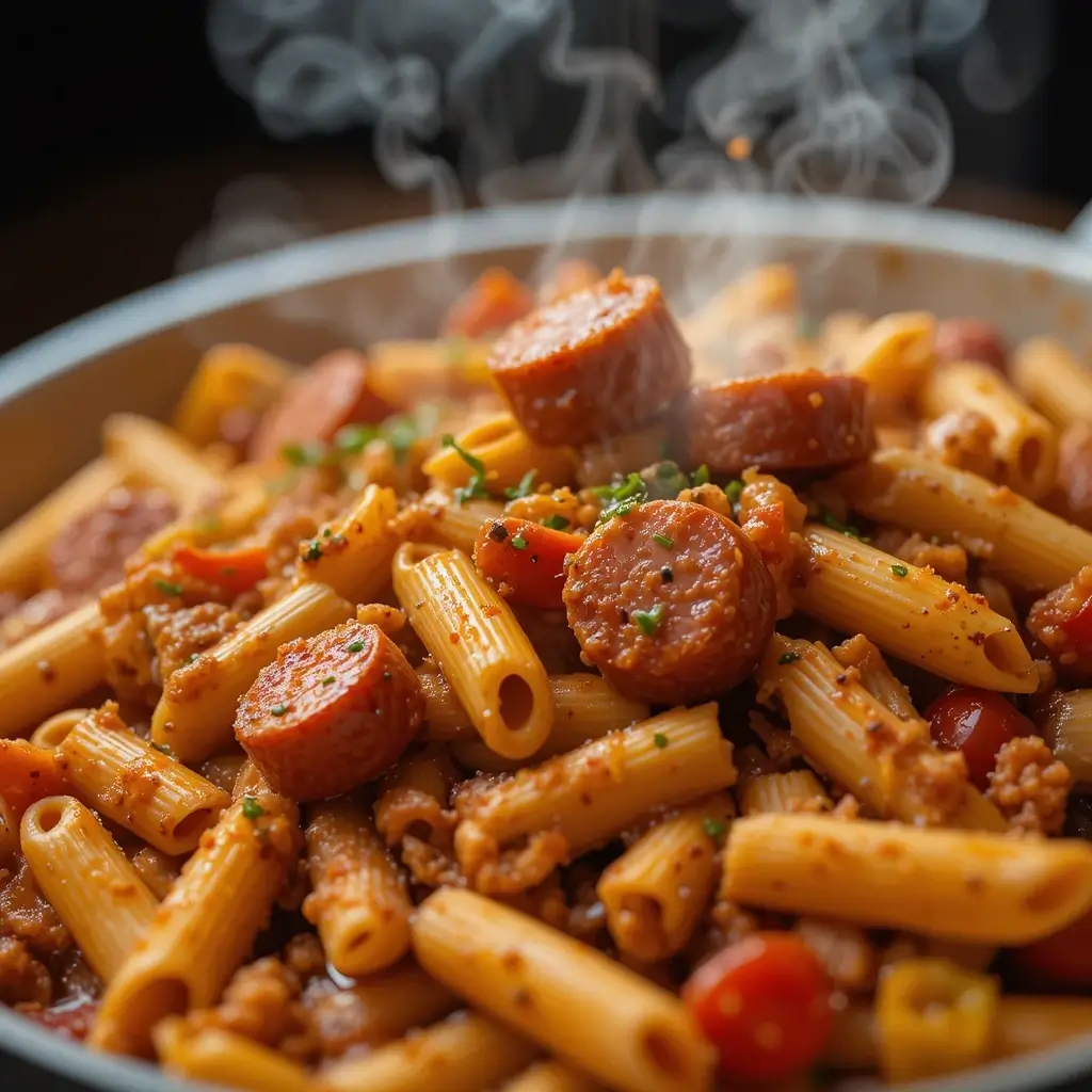 A steaming hot pastalaya recipe with penne pasta, smoked sausage, ground meat, and a rich Cajun-inspired sauce, garnished with fresh herbs and cherry tomatoes.