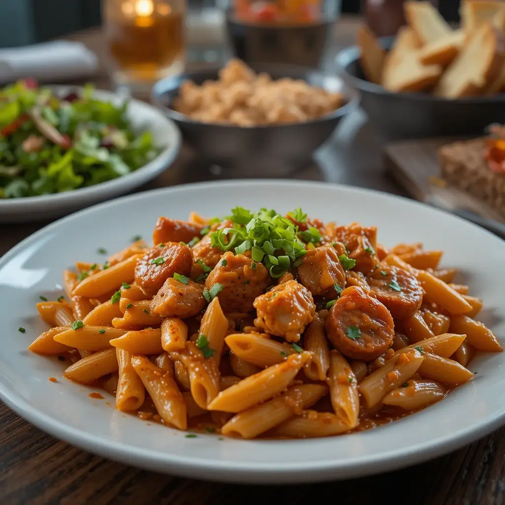 A flavorful pastalaya recipe featuring penne pasta, smoked sausage, and tender chicken, served with a rich Cajun-style sauce and garnished with fresh herbs on a white plate.