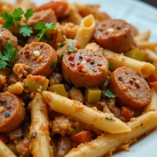 A delicious pastalaya recipe featuring penne pasta, smoked sausage, ground meat, and vegetables in a flavorful Cajun-style sauce, garnished with fresh herbs and red pepper flakes.