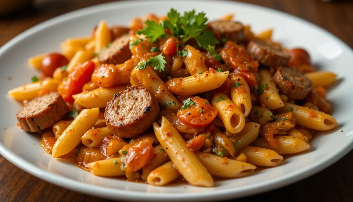 A delicious plate of pastalaya with penne pasta, sausage slices, cherry tomatoes, and a rich, flavorful tomato-based sauce, garnished with fresh parsley. A perfect pastalaya recipe for a hearty and satisfying meal.