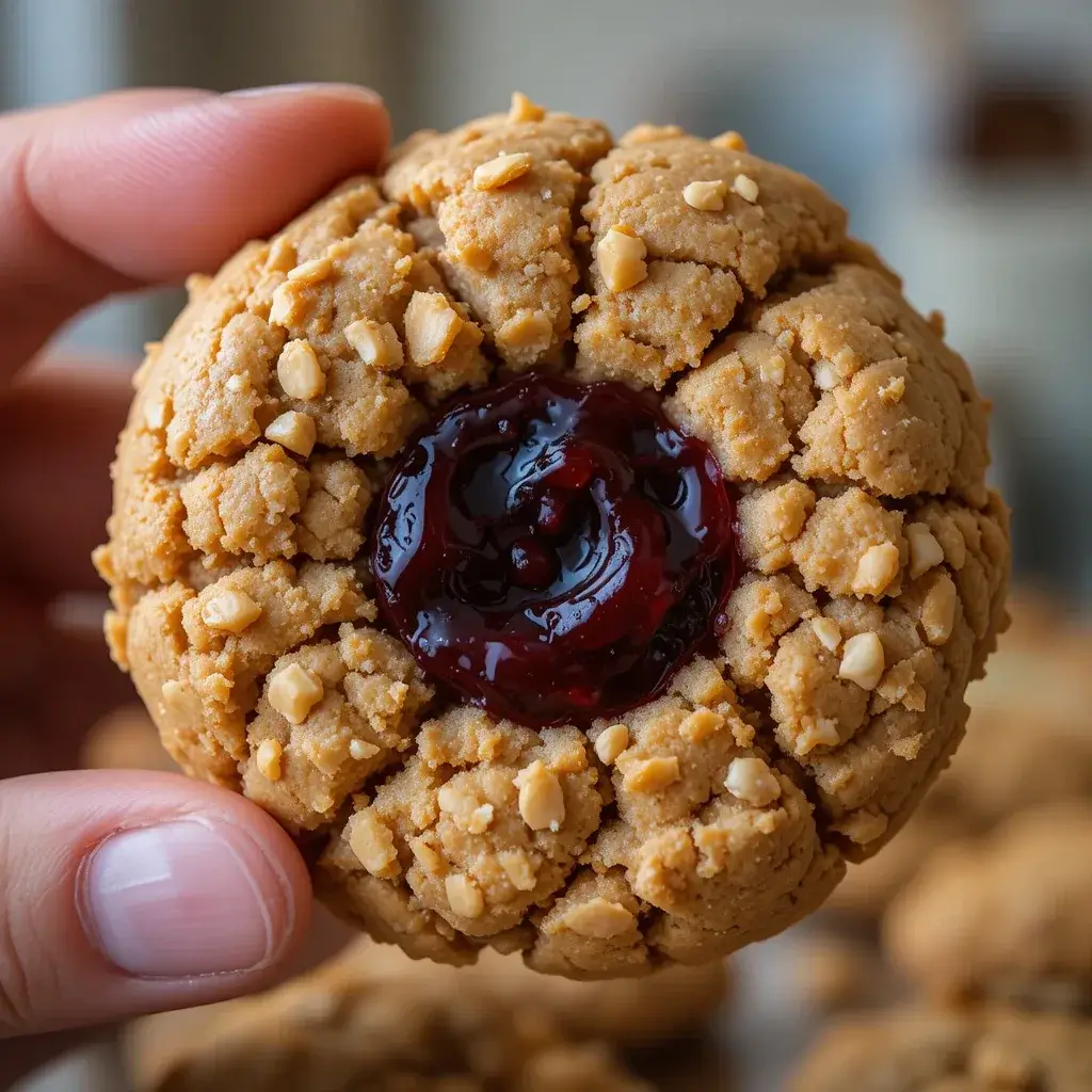 A close-up of a hand holding a peanut butter and jelly cookie, showcasing its crumbly, golden peanut butter dough with chopped peanuts and a glossy, rich jelly center.