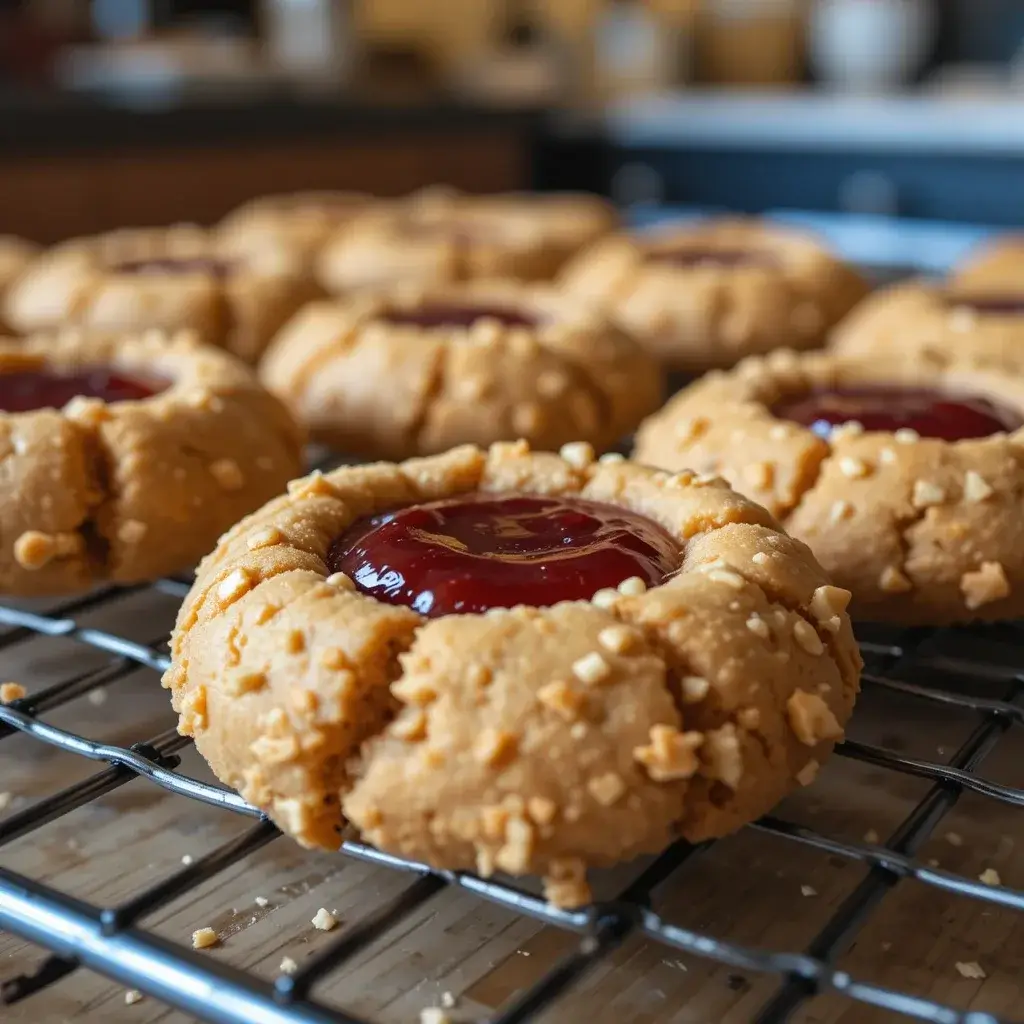 A batch of freshly baked peanut butter and jelly cookies cooling on a wire rack, featuring a crumbly peanut butter base with a glossy red jelly center.