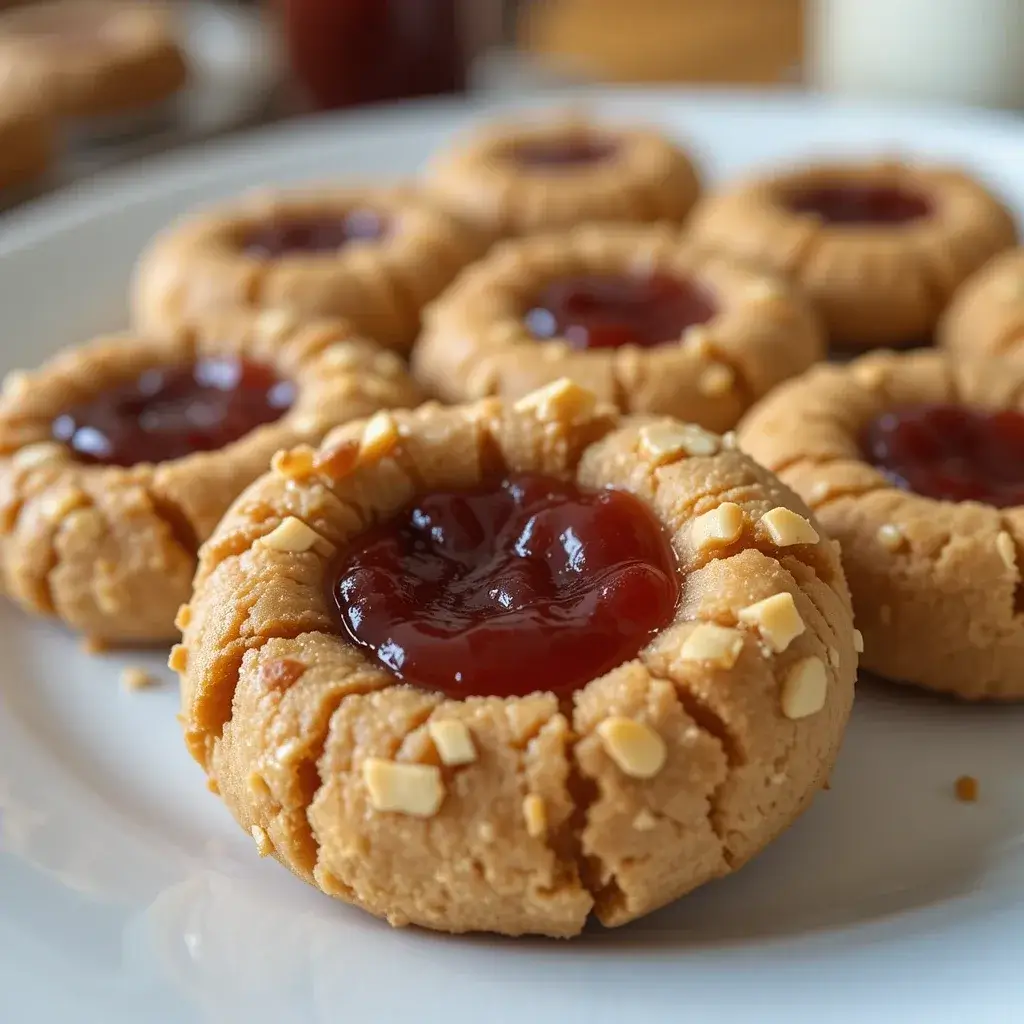 A plate of peanut butter and jelly cookies, featuring a golden, crumbly peanut butter base with chopped peanuts and a rich, glossy red jelly center.