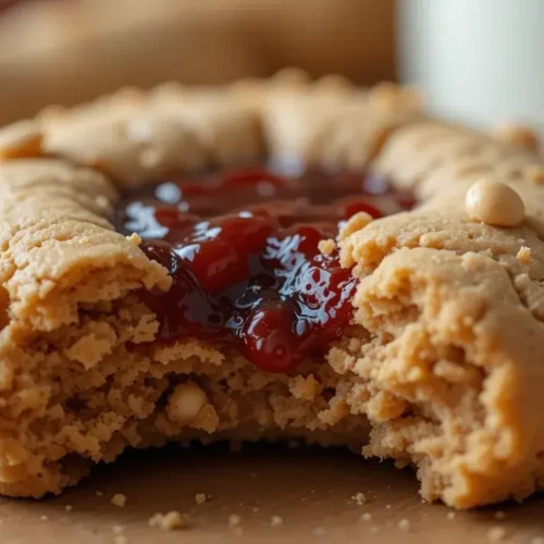 A close-up of a freshly baked peanut butter and jelly cookie with a golden, crumbly texture and a rich, gooey red jelly center, broken in half to reveal its soft inside.