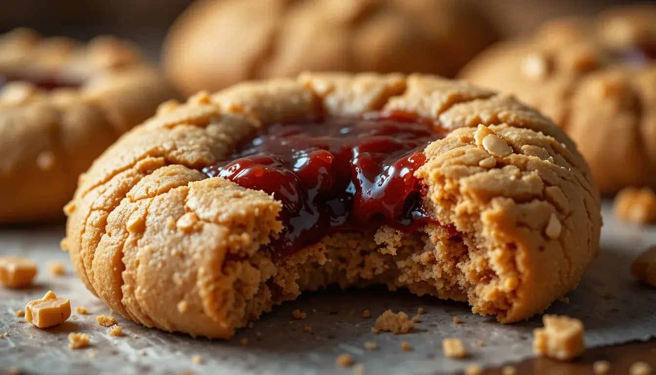 A close-up of a freshly baked peanut butter and jelly cookie with a golden, crumbly texture and a gooey red jelly center, surrounded by cookie crumbs and peanut bits.