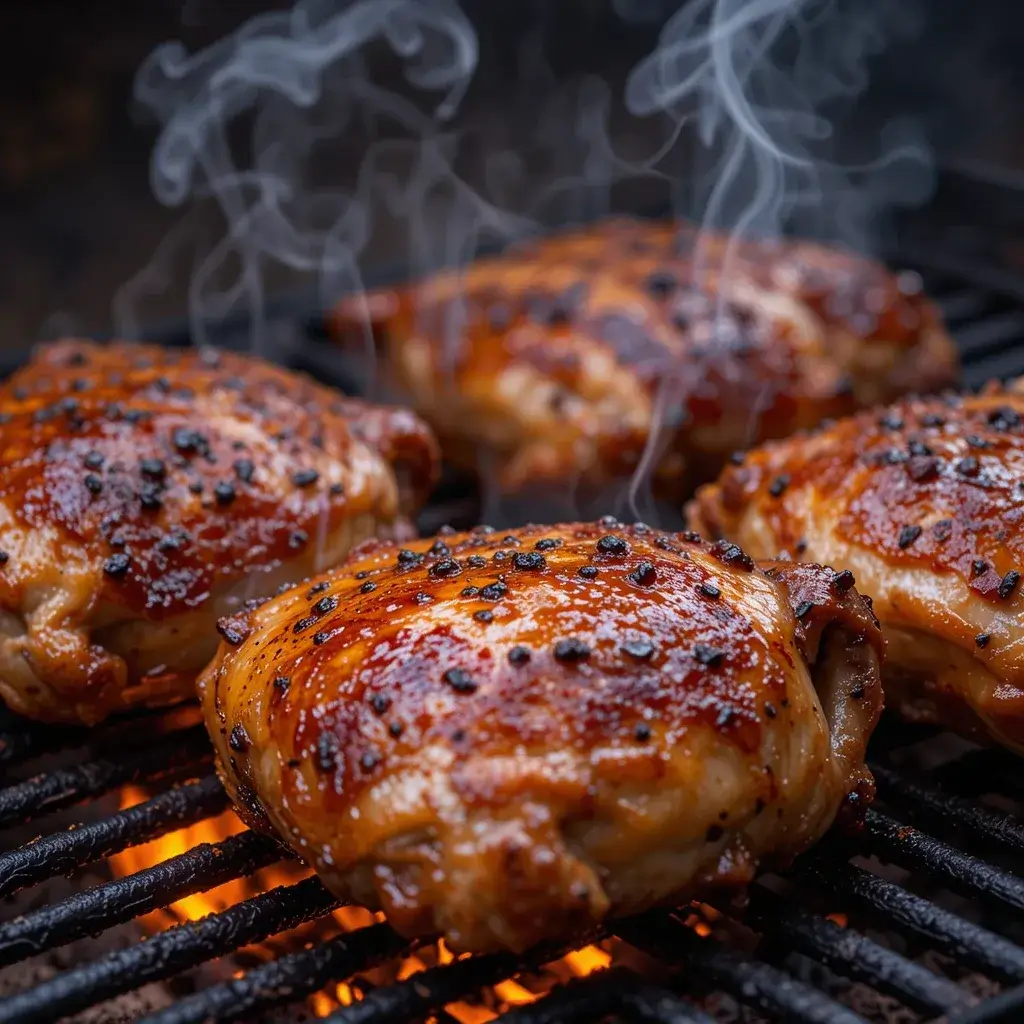 Smoky, caramelized chicken thighs sizzling on a pellet grill, coated in a rich glaze and topped with black pepper, with steam rising from the grill. A must-try for your pellet grill recipes collection.