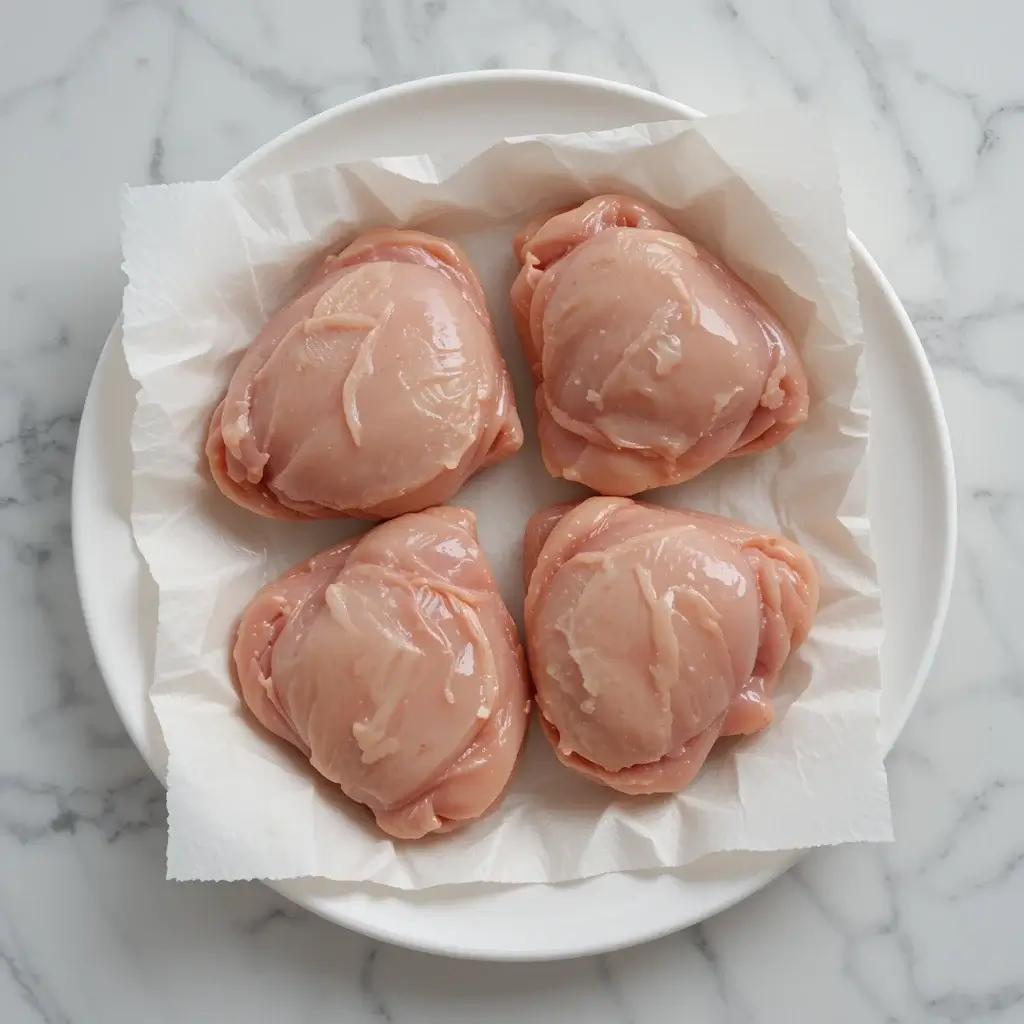 Fresh, raw chicken thighs placed on parchment paper on a white plate, ready to be seasoned and cooked as part of delicious pellet grill recipes.