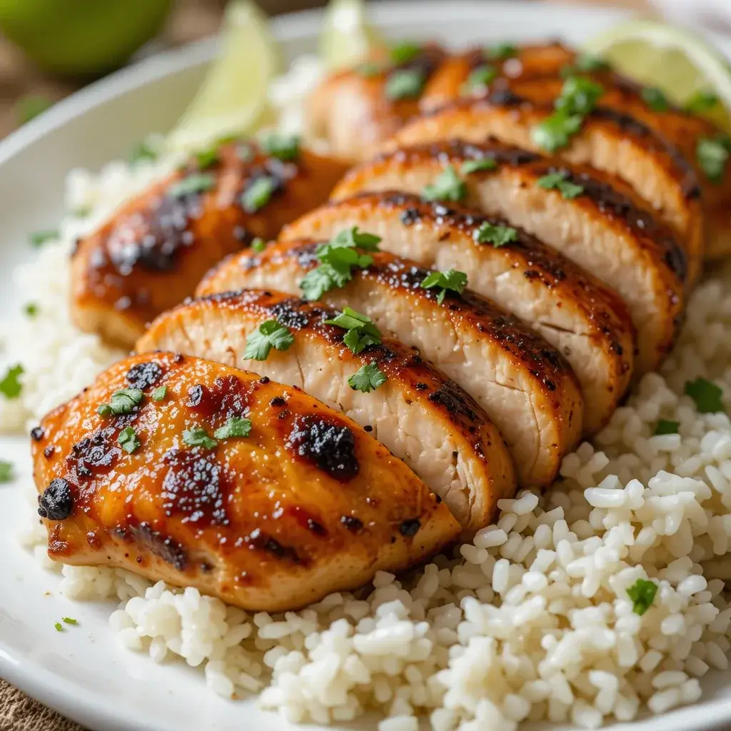 Juicy, sliced grilled chicken breast with a caramelized glaze, served over fluffy rice and garnished with fresh cilantro—an irresistible dish from pellet grill recipes.