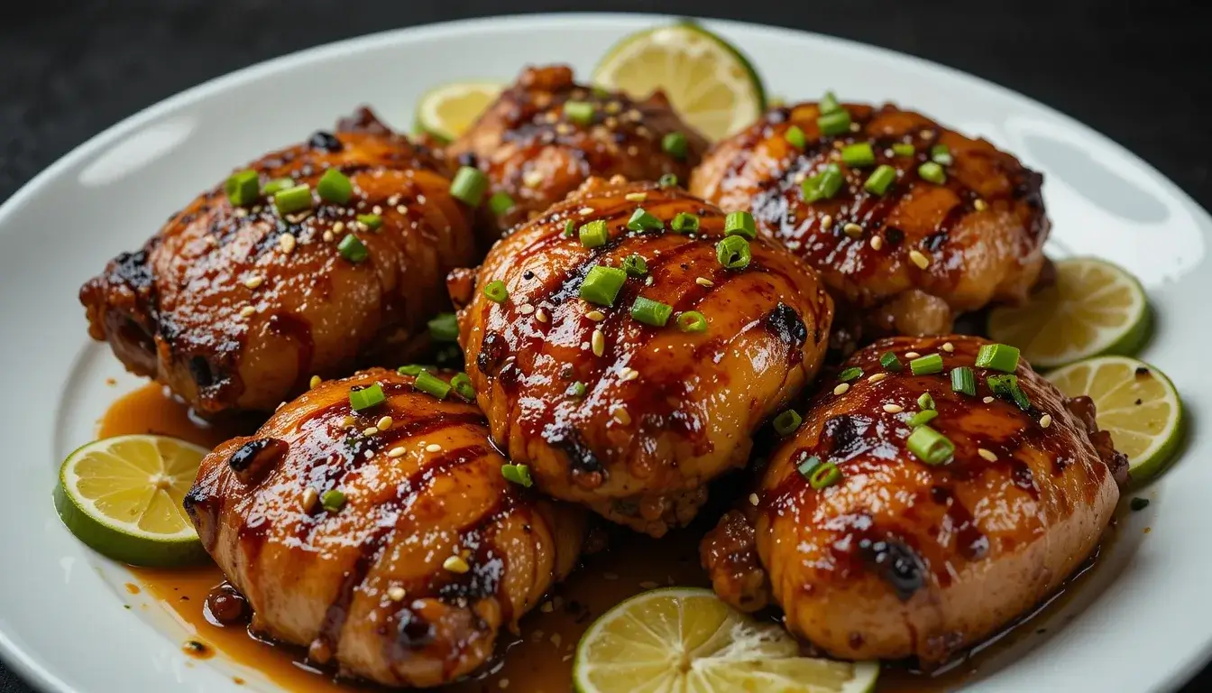 Juicy grilled chicken thighs glazed with a rich, caramelized sauce, garnished with fresh green onions and sesame seeds, served on a white plate with lime slices. A perfect addition to your pellet grill recipes collection.