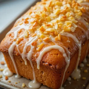 A freshly baked pineapple bread drizzled with sweet glaze and topped with toasted pineapple chunks. A delicious homemade pineapple bread recipe.