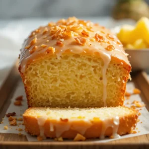 A freshly baked pineapple bread with a golden crust, drizzled with sweet glaze and topped with crispy pineapple bits. A delicious and moist pineapple bread recipe.