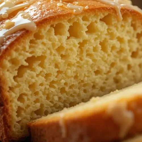 A close-up of a moist pineapple bread with a golden crust, topped with a sweet glaze. A perfect treat from this pineapple bread recipe.