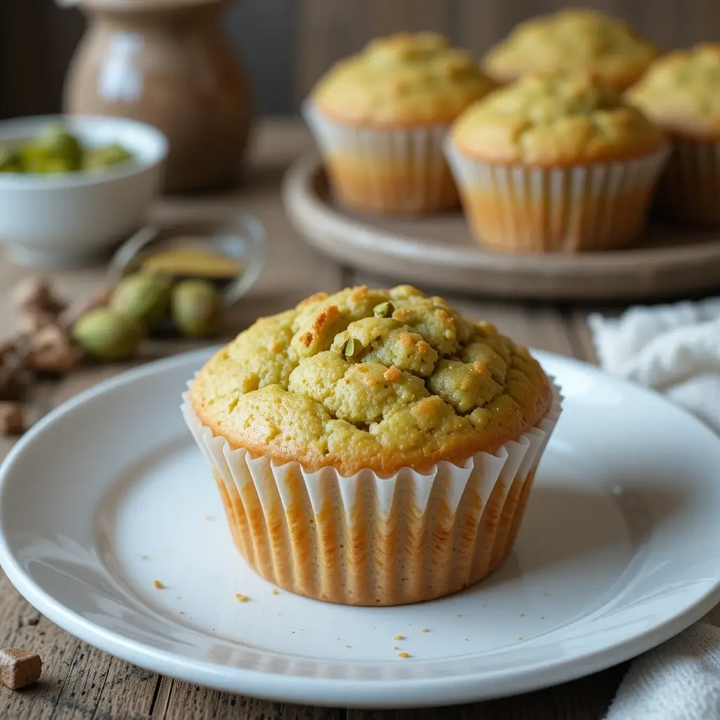 A freshly baked pistachio muffin with a golden-green top, sprinkled with chopped pistachios, sitting on a white plate. A perfect treat for anyone trying a homemade pistachio muffin recipe.