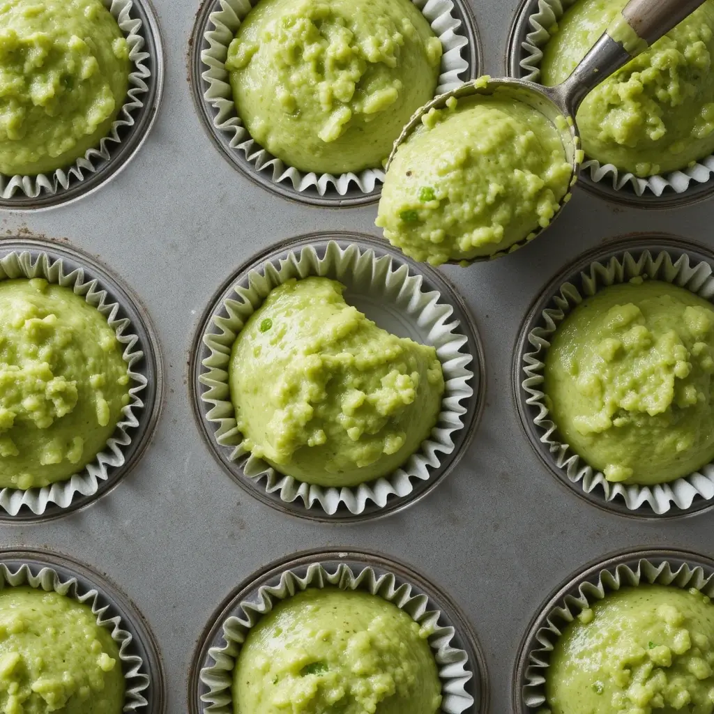 Freshly prepared pistachio muffin batter being scooped into cupcake liners, ready for baking. A step in making the perfect pistachio muffin recipe.