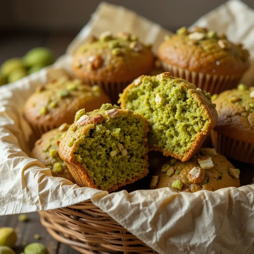 A basket filled with freshly baked pistachio muffins, with one muffin broken in half, revealing its soft and fluffy green interior. A delicious pistachio muffin recipe to try at home.