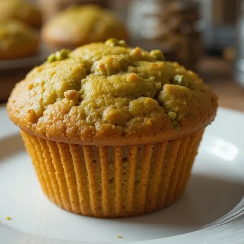 A freshly baked pistachio muffin with a golden-brown crust, sprinkled with chopped pistachios, served on a white plate. A delicious result of an easy pistachio muffin recipe.