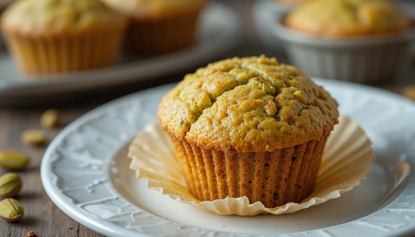 A freshly baked pistachio muffin with a golden-brown crust, topped with chopped pistachios, placed on a white plate. Perfect for trying a homemade pistachio muffin recipe.