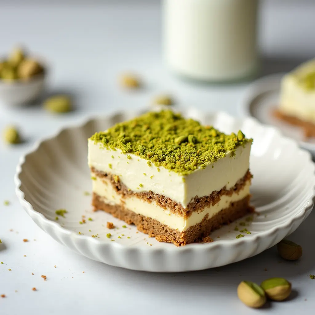 A rich and creamy pistachio tiramisu slice served on a white scalloped plate, layered with mascarpone, coffee-soaked sponge, and topped with finely crushed pistachios, with a blurred background featuring pistachios and a glass of milk.