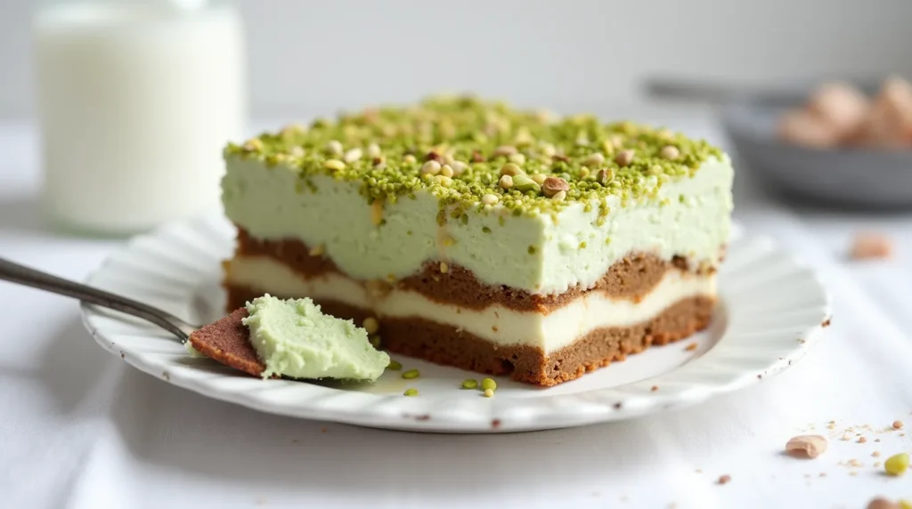 A creamy pistachio tiramisu slice served on a white plate, featuring layers of espresso-soaked sponge, mascarpone cream with a hint of pistachio, and a crunchy pistachio topping. A fork with a bite-sized piece rests beside it, with a blurred glass of milk in the background.