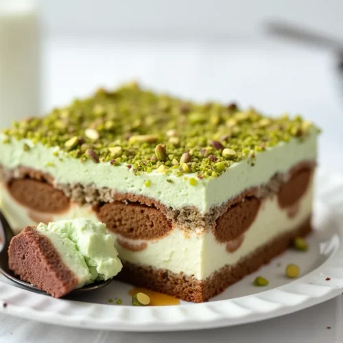 A delicious slice of pistachio tiramisu on a white plate, featuring layers of coffee-soaked sponge, mascarpone cream, and a pistachio-infused topping. A spoon with a bite-sized piece rests beside it, with a blurred glass of milk and pistachios in the background.