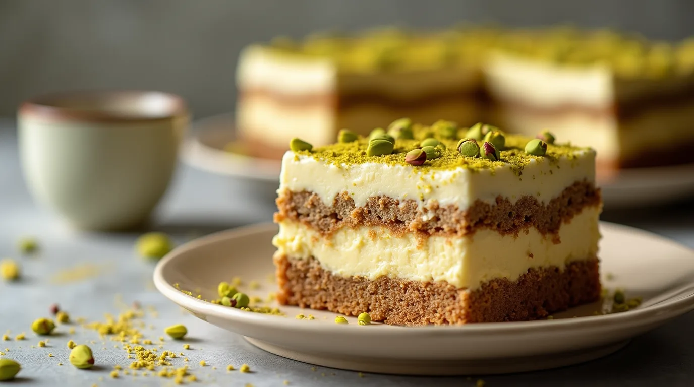 A delicious slice of pistachio tiramisu with creamy layers of mascarpone, coffee-soaked sponge, and a topping of crushed pistachios, served on a plate with a blurred cup and whole pistachios in the background.