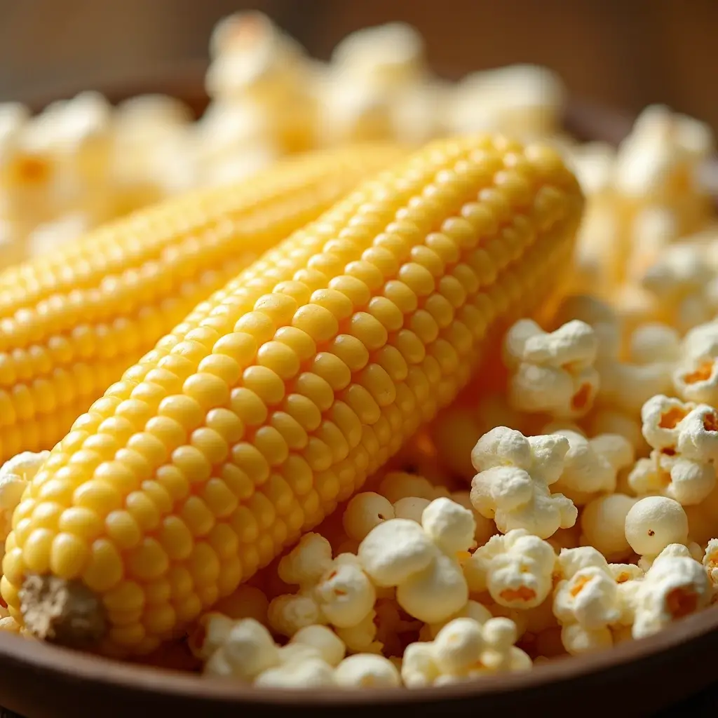 A popping corn on the cob, with a bowl of freshly popped kernels and a steaming cob on a wooden table.