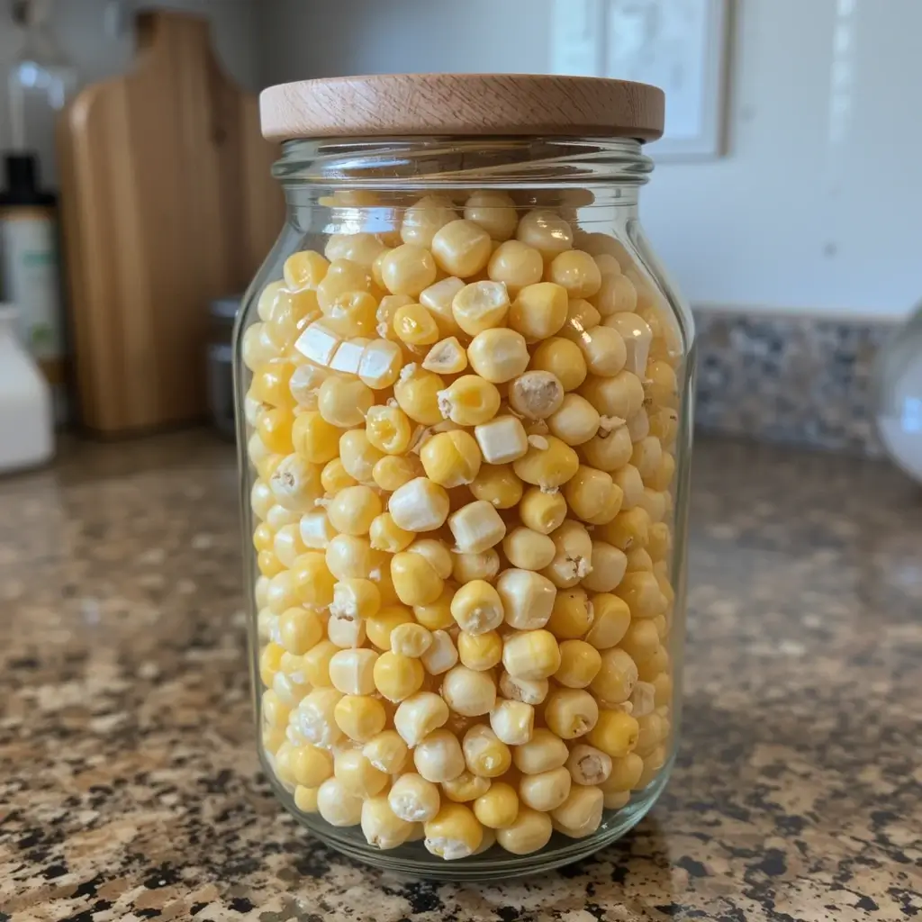 Stored popping corn on the cob popcorn in an airtight glass jar, with a baking sheet of popcorn being reheated in the oven.