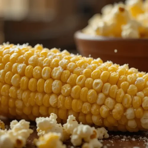 A close-up of popping corn on the cob with fluffy popcorn still attached, placed on a wooden countertop in a cozy kitchen setting.