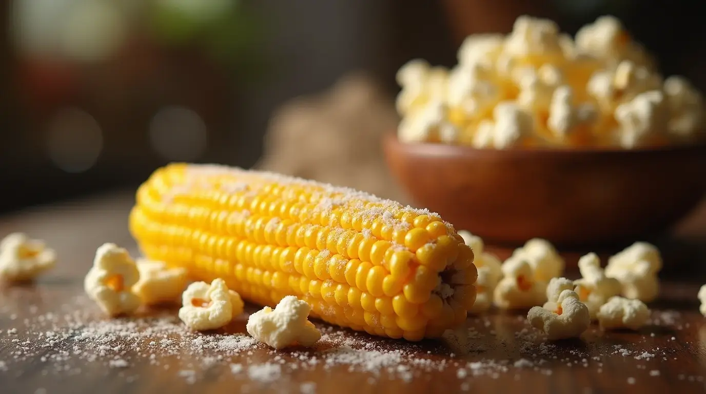 Freshly popped corn on the cob on a rustic wooden table, showcasing golden, fluffy popcorn still attached to the cob with scattered kernels around.