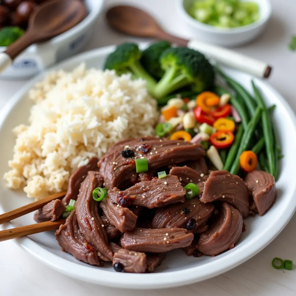 A flavorful plate of shaved beef stir-fry served with jasmine rice, steamed broccoli, fresh green beans, and colorful peppers. A perfect meal idea for shaved beef recipes.