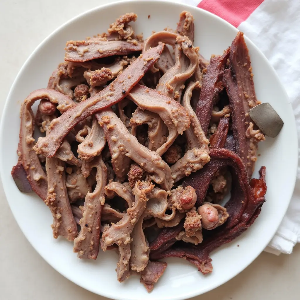 A plate of uniquely prepared shaved beef with a rich, textured appearance, showcasing a distinct style of shaved beef recipes.