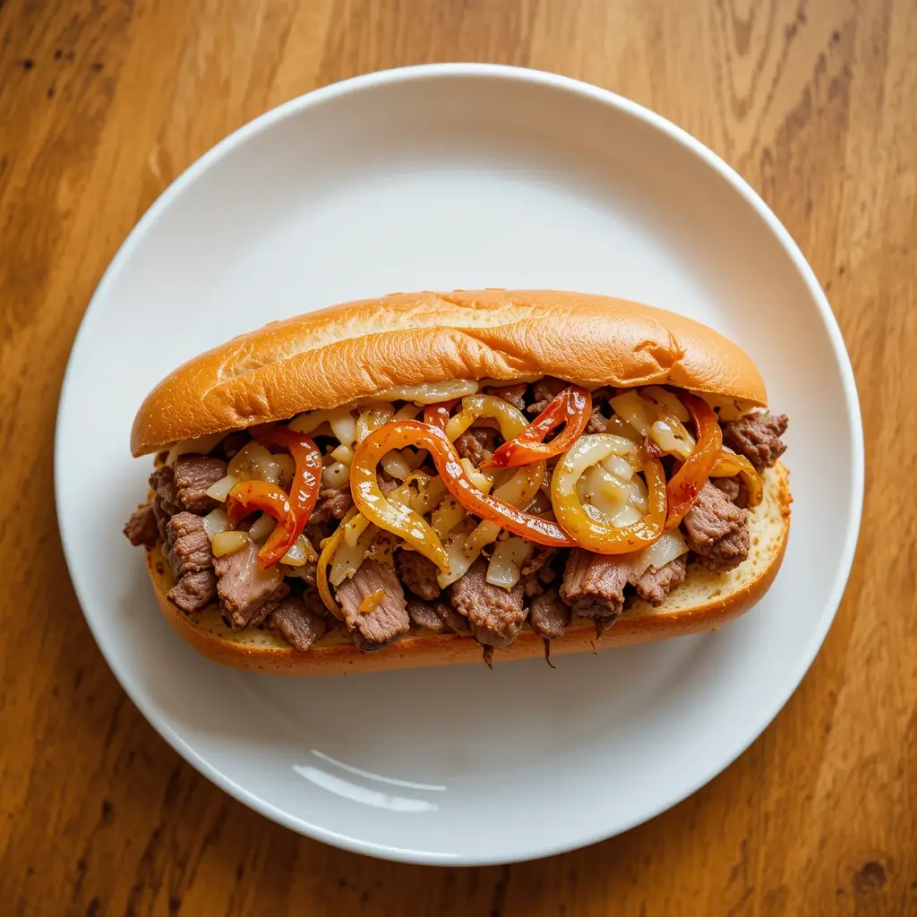 A delicious shaved beef sandwich filled with tender beef slices, sautéed onions, and peppers, served in a toasted hoagie roll. A great option for shaved beef recipes.