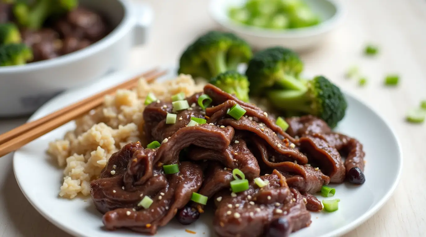 A delicious plate of shaved beef stir-fry served with brown rice and steamed broccoli, garnished with sesame seeds and green onions. A perfect meal for shaved beef recipes.