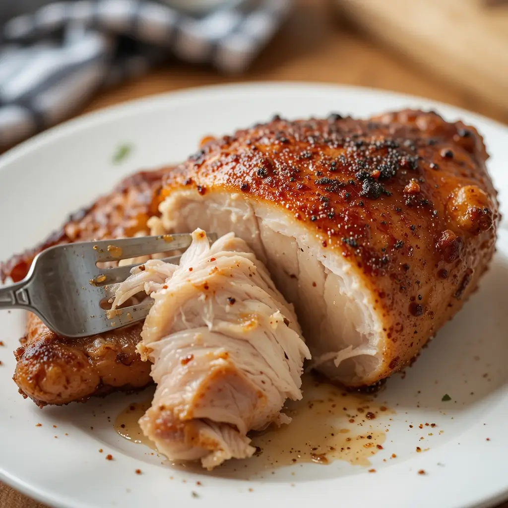 A close-up of tender smoked boneless chicken thighs being shredded with a fork, revealing juicy, perfectly cooked meat with a flavorful smoky crust.