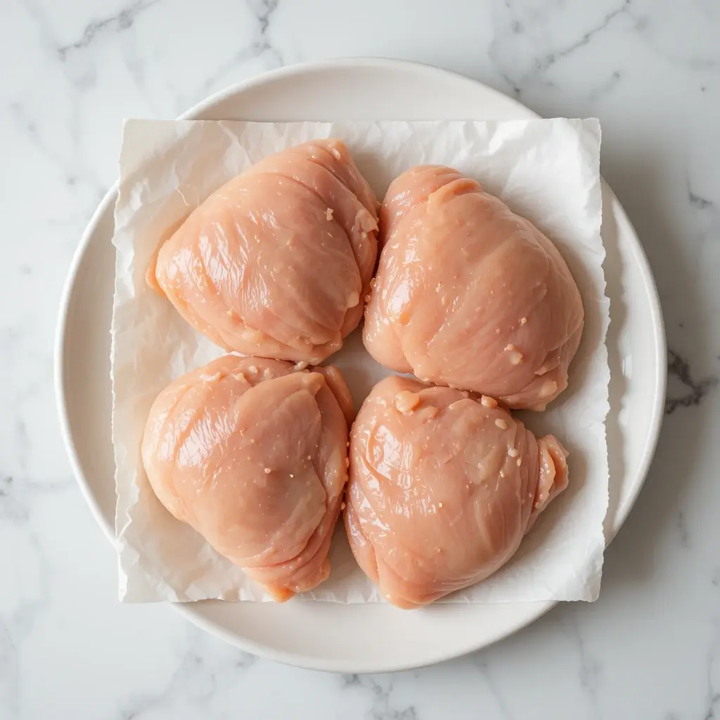 Raw boneless chicken thighs neatly arranged on parchment paper, ready for seasoning and smoking to create delicious smoked boneless chicken thighs.