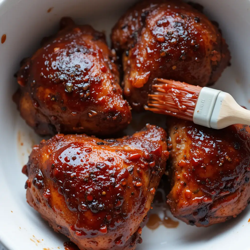 Smoked boneless chicken thighs coated in a rich, sticky barbecue glaze, being brushed with extra sauce for added flavor.