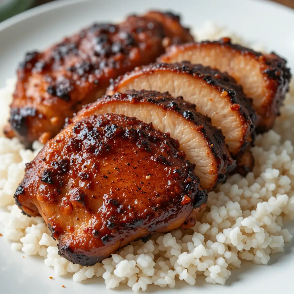 Smoked boneless chicken thighs sliced and served over a bed of fluffy rice, with a caramelized, smoky crust.