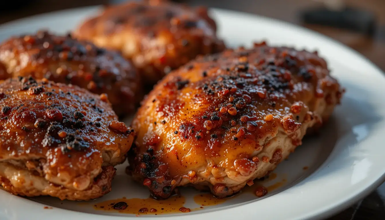 Close-up of smoked boneless chicken thighs with a crispy, caramelized glaze and a smoky seasoning blend, served on a white plate.